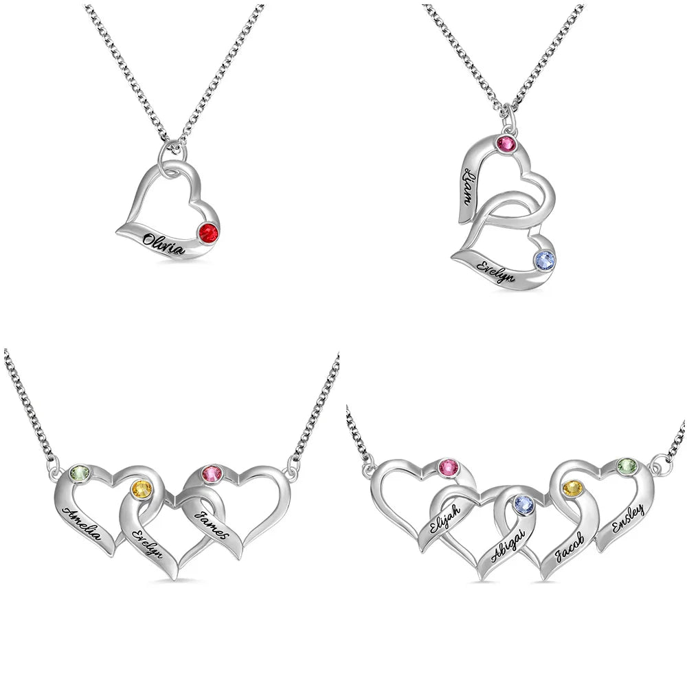 Customized Intertwined 1-4 Hearts Silver Necklace with Birthstones - Glamour