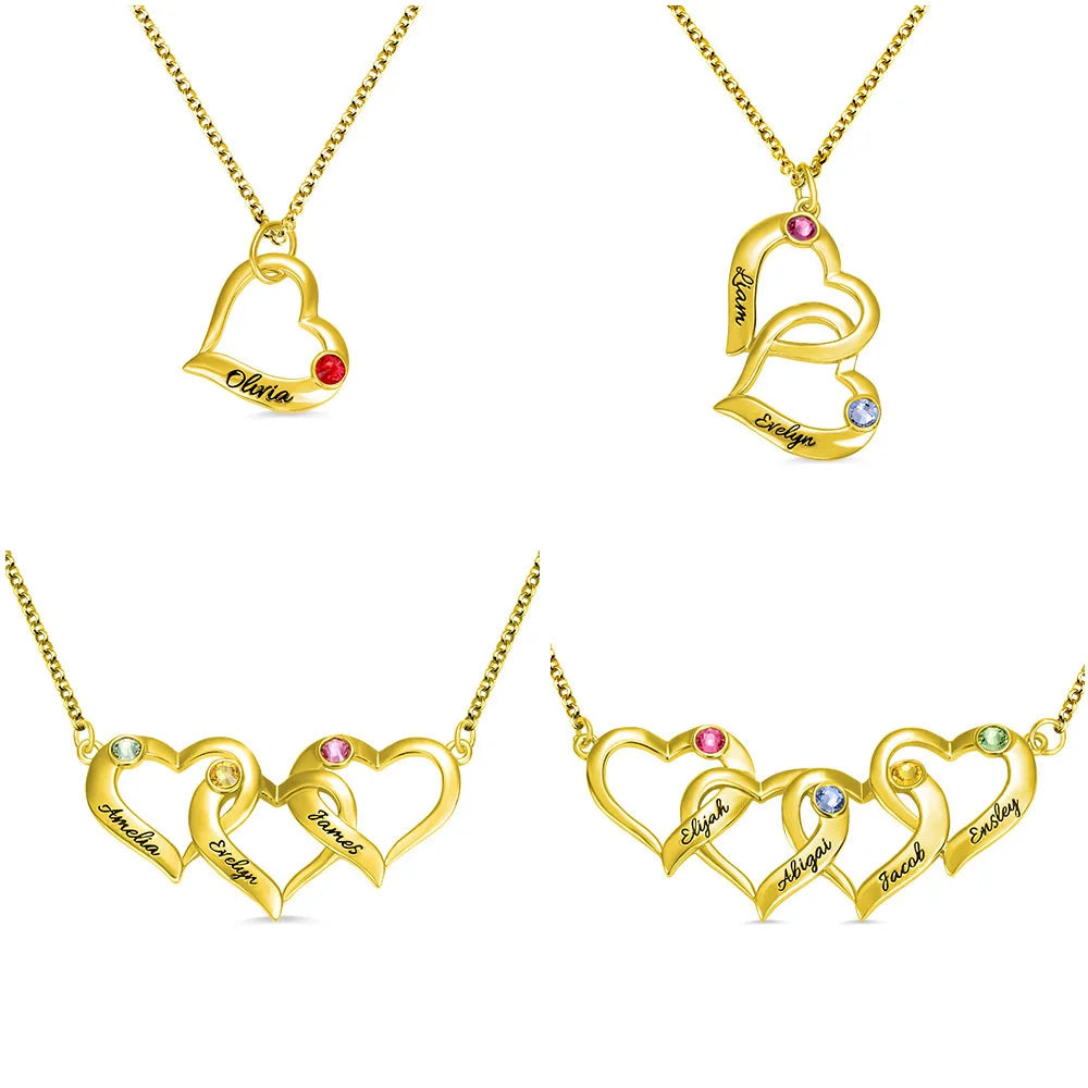 Customized Intertwined 1-4 Hearts Silver Necklace with Birthstones - Glamour