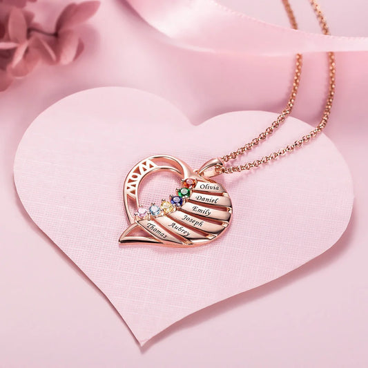 Name and Birthstone Family Heart Necklace - Glamour