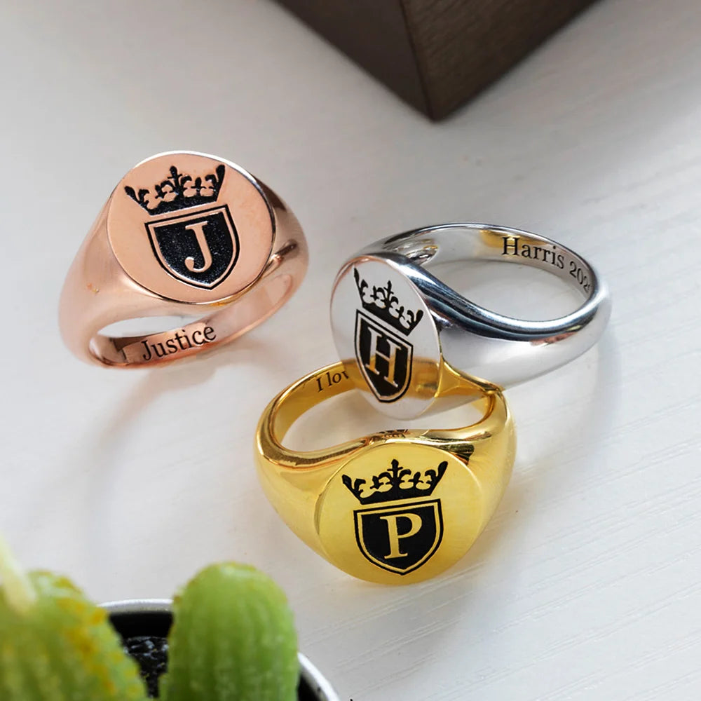 Customized Engraved Crown Signet Ring - Glamour