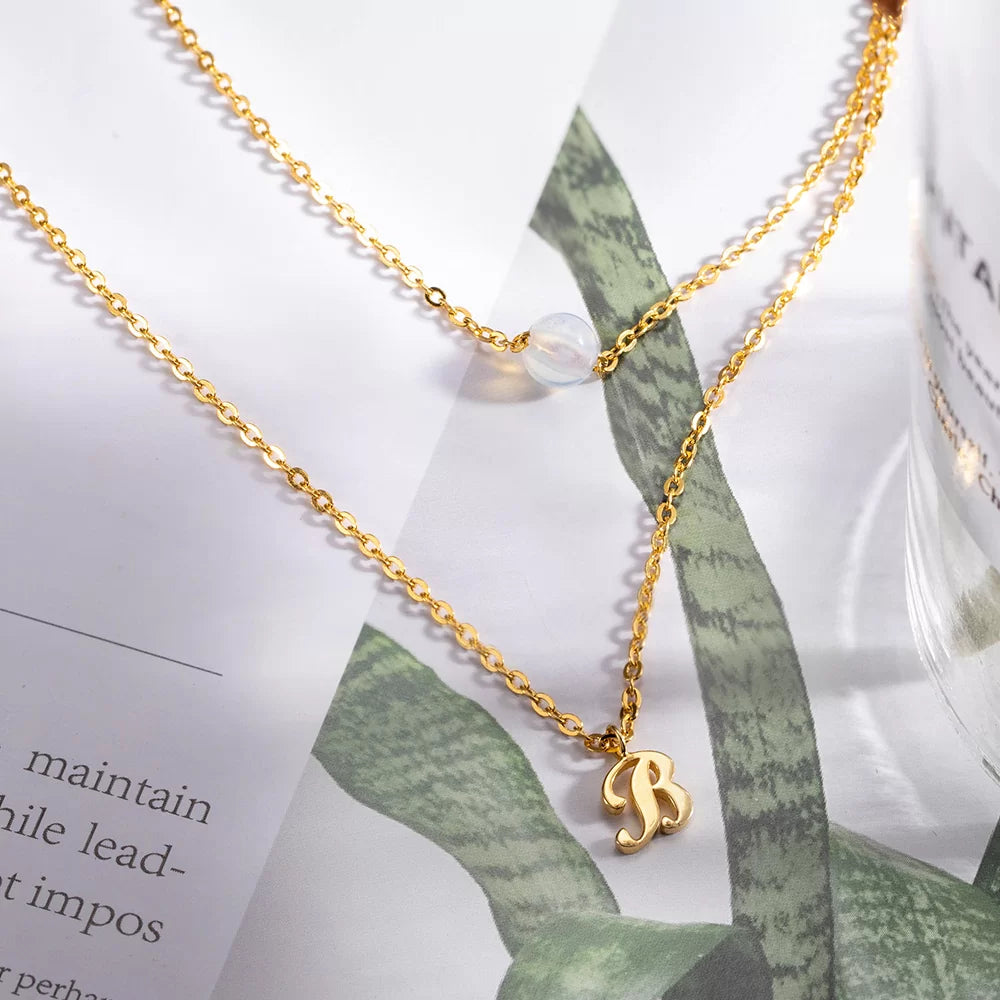 Custom Layered Moonstone and Initials Necklace - Glamour