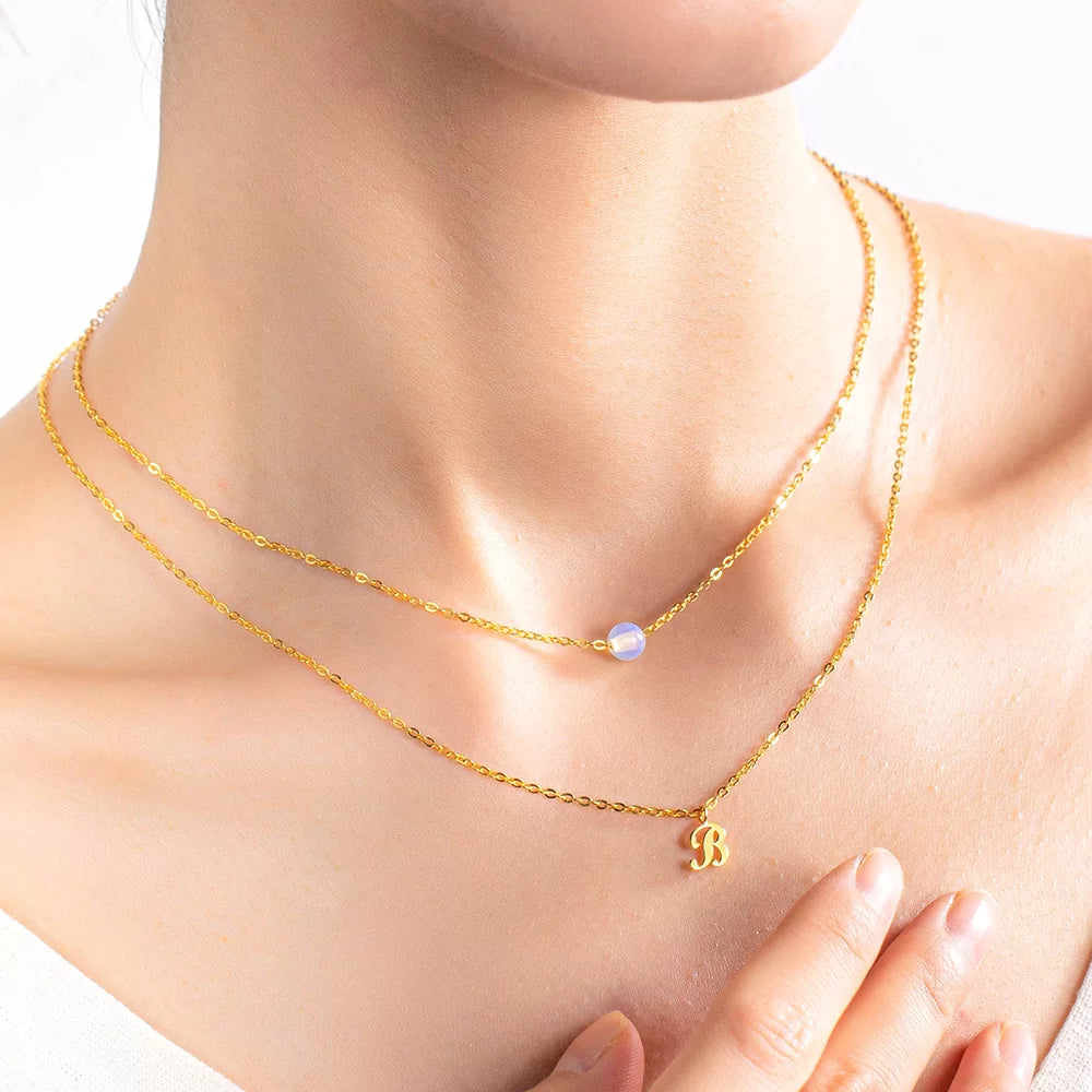 Custom Layered Moonstone and Initials Necklace - Glamour