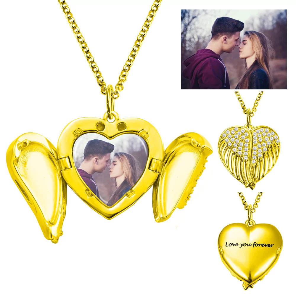 Personalized Angel Wings Heart Photo Locket Necklace - Glamour
