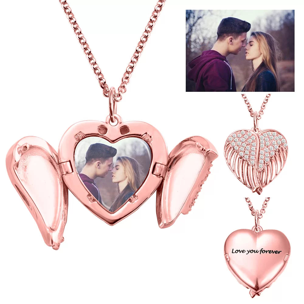 Personalized Angel Wings Heart Photo Locket Necklace - Glamour