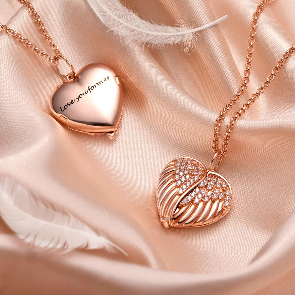 Personalized Angel Wings Heart Photo Locket Necklace - Glamour