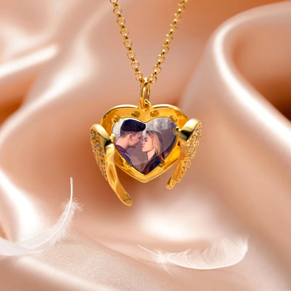Personalized Angel Wings Heart Photo Locket Necklace - Glamour
