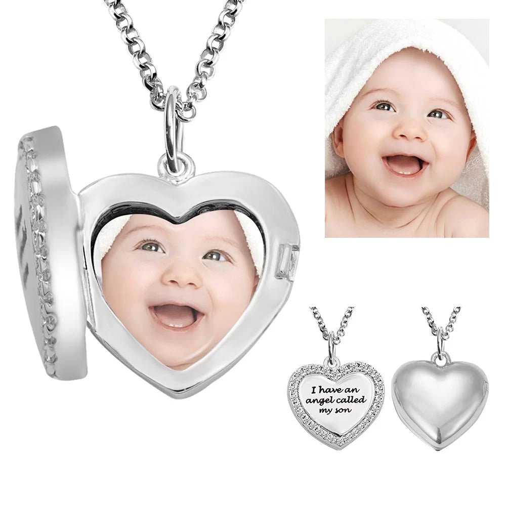 Personalized Cubic Zirconia Heart Photo Necklace - Glamour