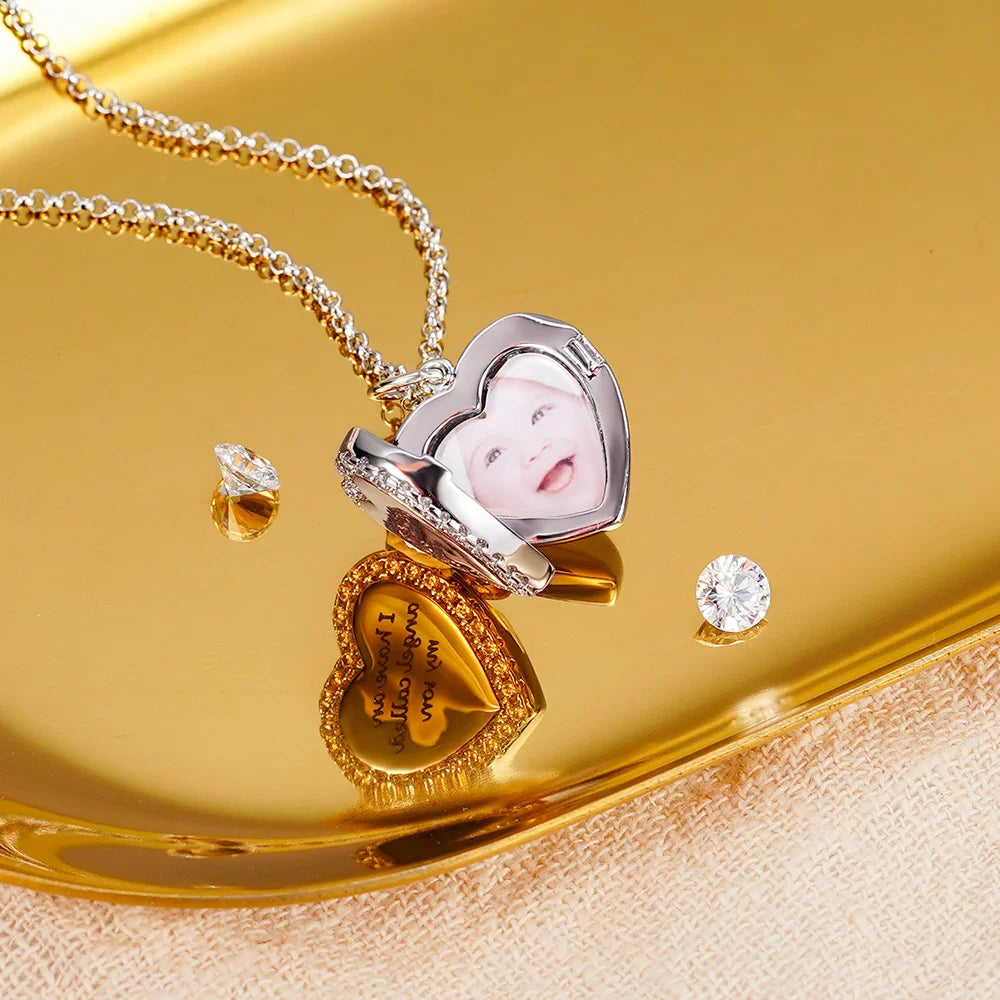 Personalized Cubic Zirconia Heart Photo Necklace - Glamour