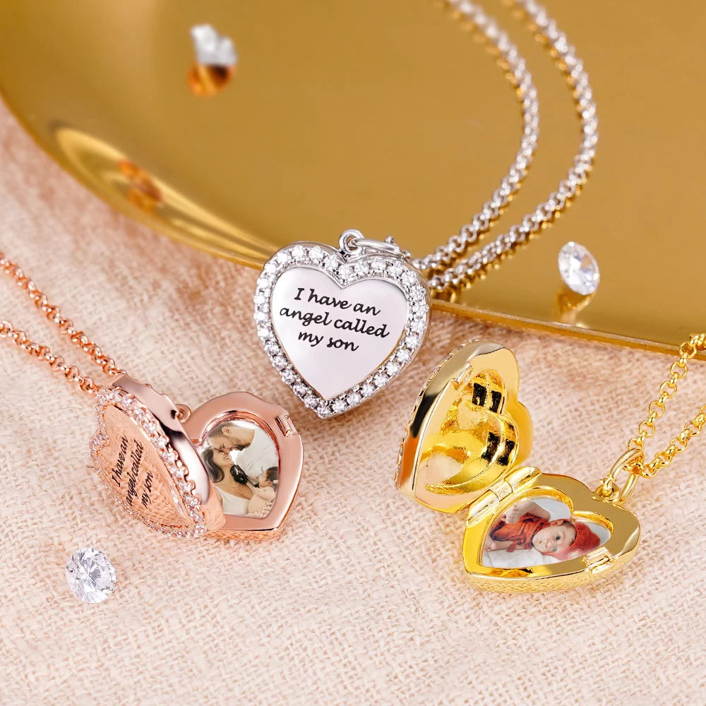Personalized Cubic Zirconia Heart Photo Necklace - Glamour