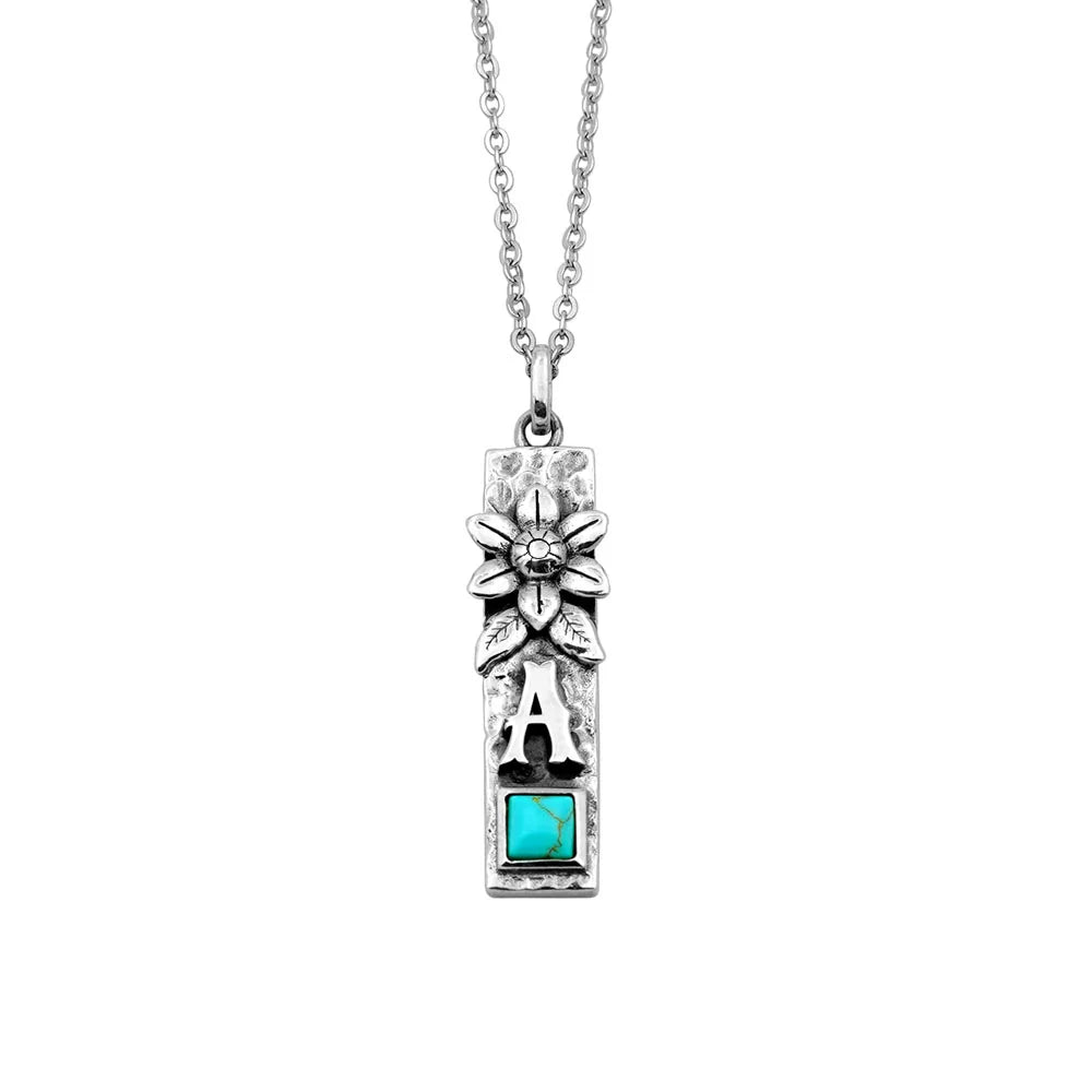 Personalized Vertical Bar Initial Necklace Turquoise Boho Style in Sterling Silver - Glamour