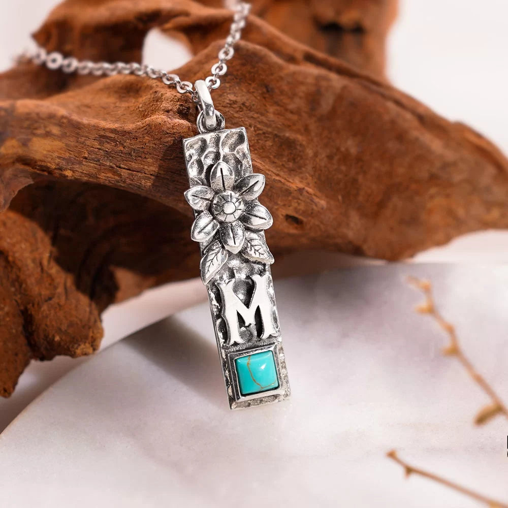 Personalized Vertical Bar Initial Necklace Turquoise Boho Style in Sterling Silver - Glamour