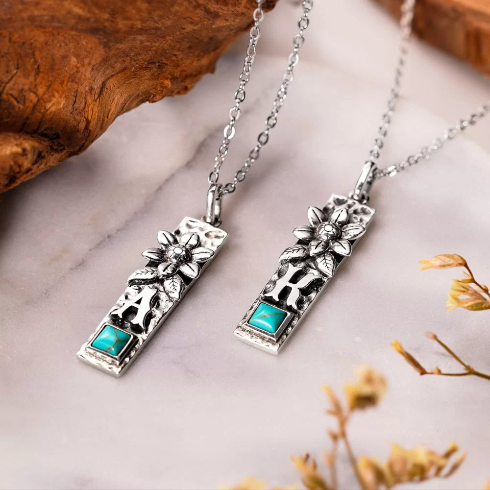 Personalized Vertical Bar Initial Necklace Turquoise Boho Style in Sterling Silver - Glamour