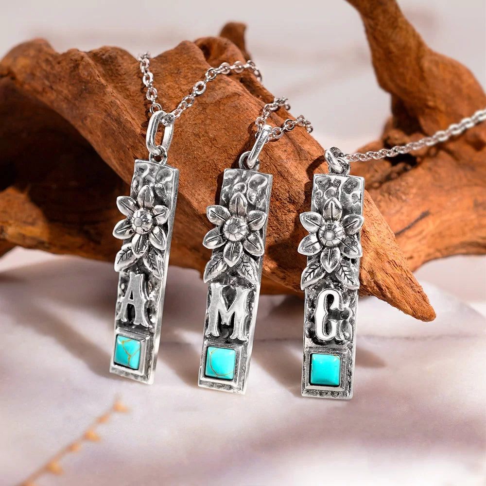 Personalized Vertical Bar Initial Necklace Turquoise Boho Style in Sterling Silver - Glamour