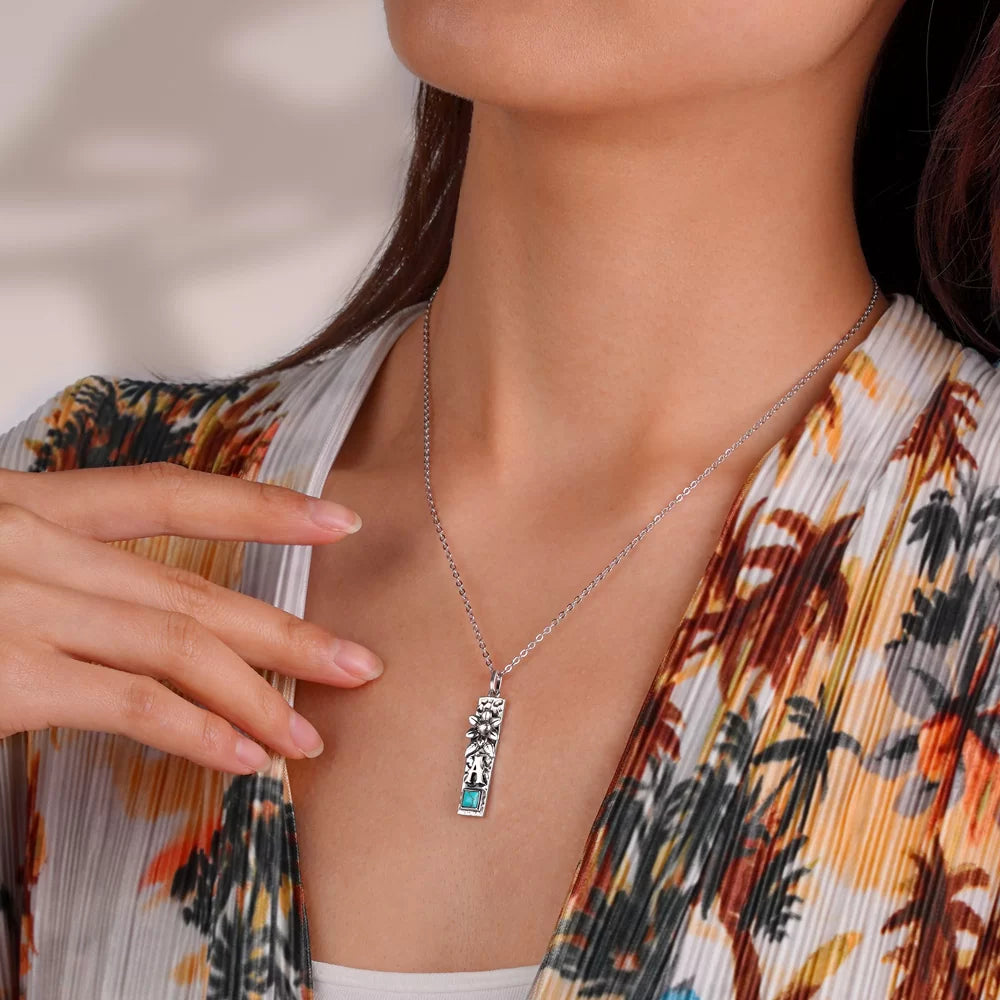 Personalized Vertical Bar Initial Necklace Turquoise Boho Style in Sterling Silver - Glamour