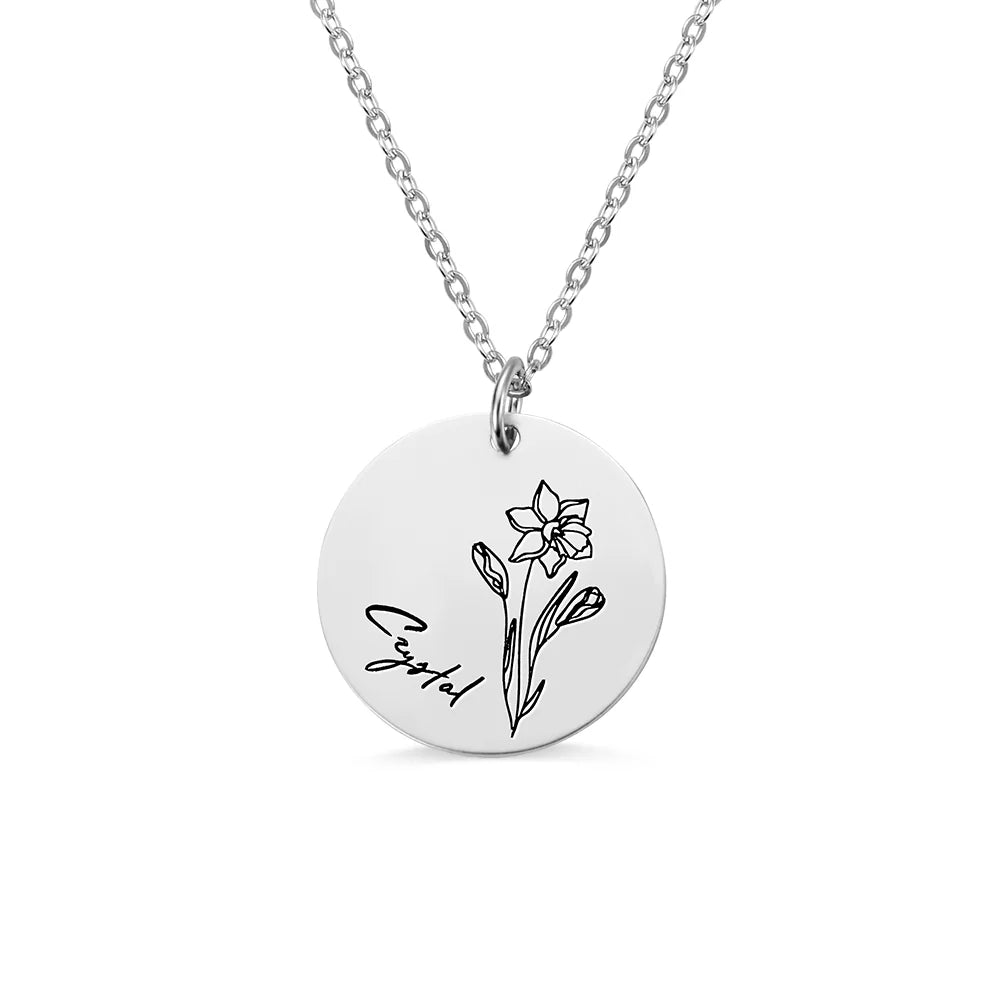 Engraved Birth Month Flower Disc Necklace - Glamour