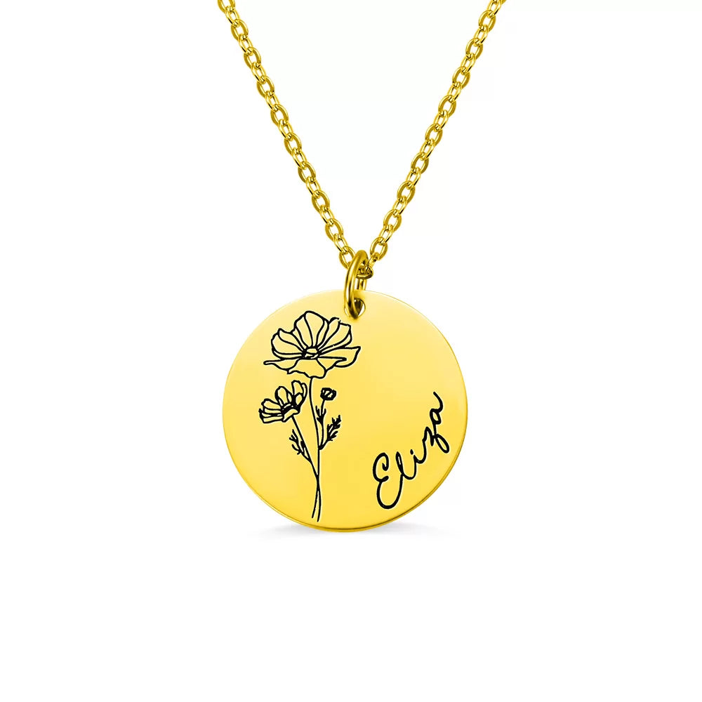 Engraved Birth Month Flower Disc Necklace - Glamour