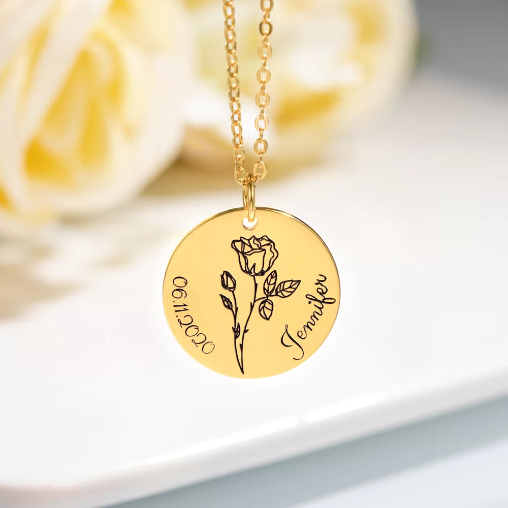 Engraved Birth Month Flower Disc Necklace - Glamour