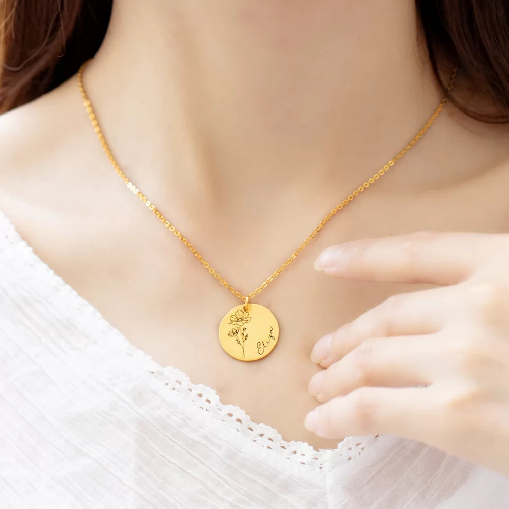 Engraved Birth Month Flower Disc Necklace - Glamour