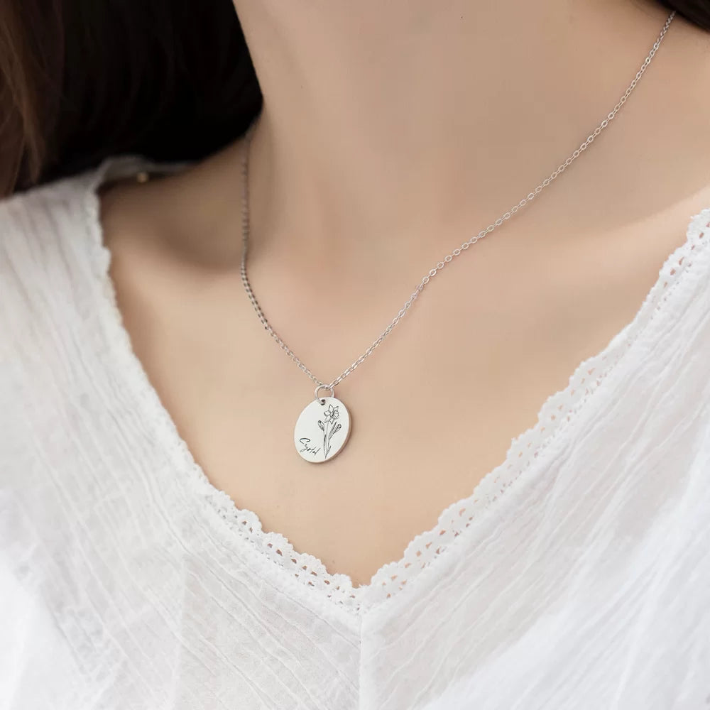 Engraved Birth Month Flower Disc Necklace - Glamour