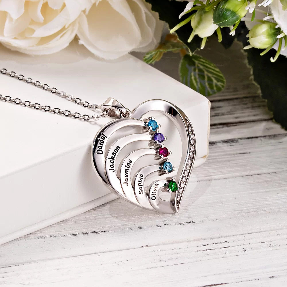 Personalized Name and Birthstone Family Heart Necklace - Glamour