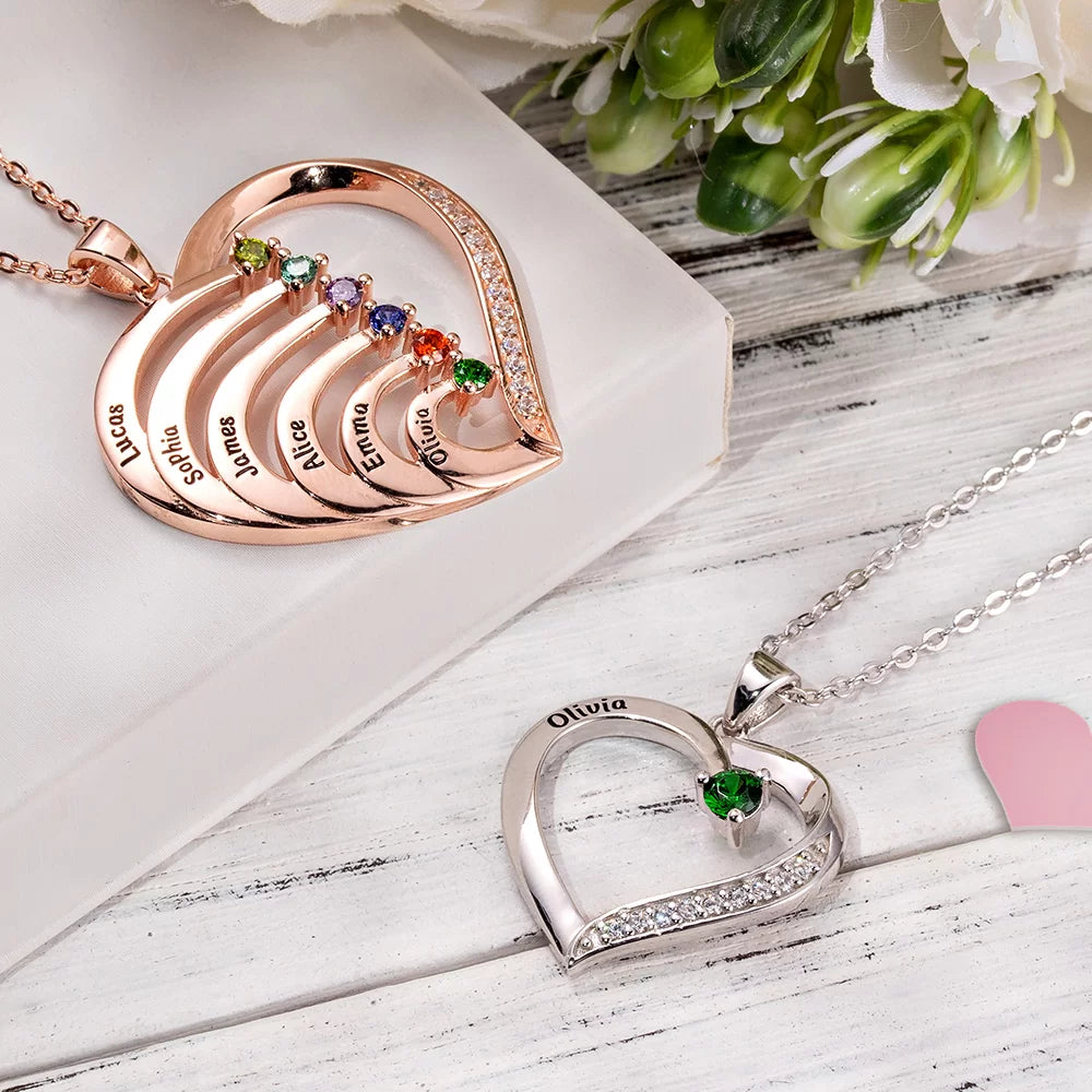 Personalized Name and Birthstone Family Heart Necklace - Glamour