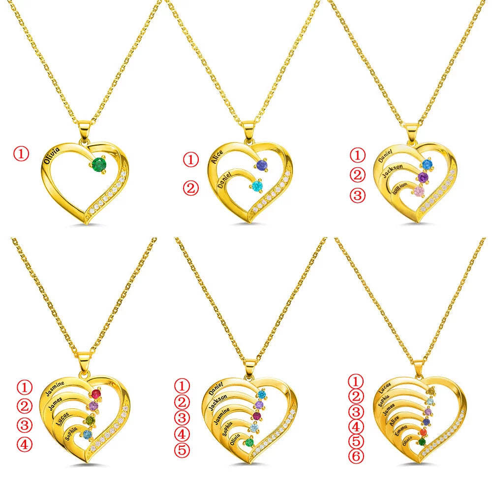 Personalized Name and Birthstone Family Heart Necklace - Glamour