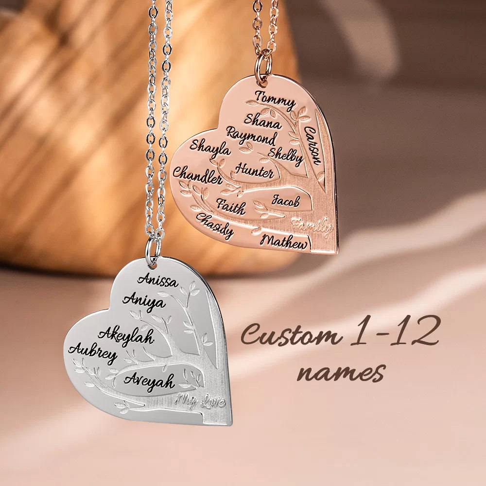 Personalized 1-12 Names Heart Family Tree Necklace - Glamour