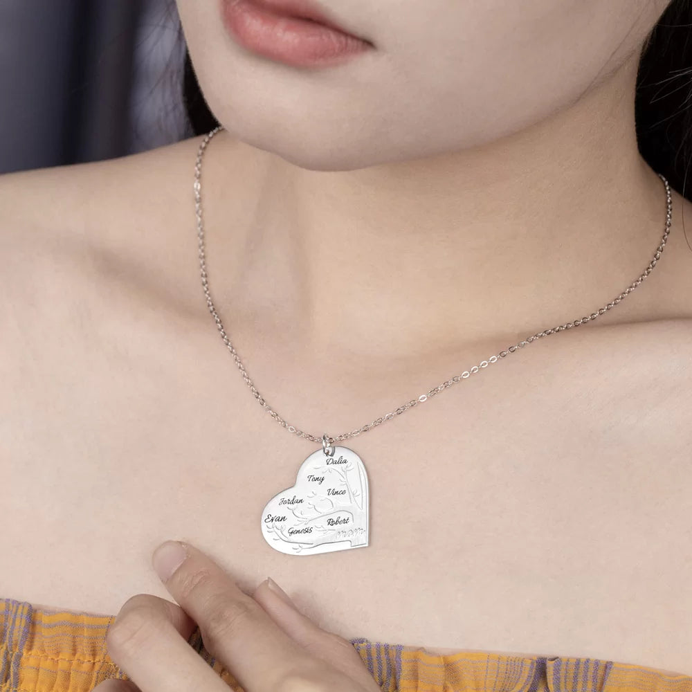 Personalized 1-12 Names Heart Family Tree Necklace - Glamour