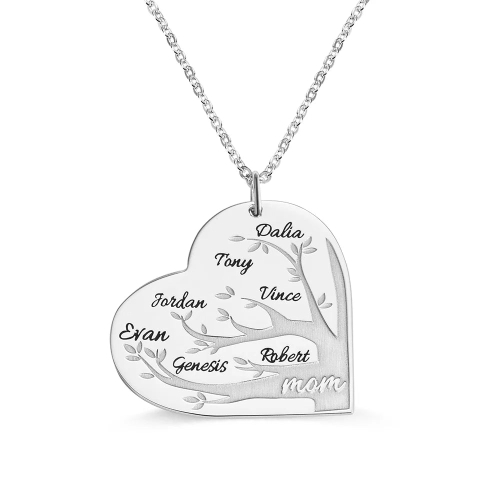Personalized 1-12 Names Heart Family Tree Necklace - Glamour