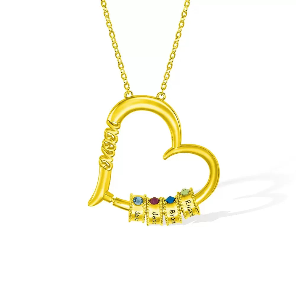 Personalized Birthstone Necklace with Heart Pendant & Name Charms for Mom - Glamour