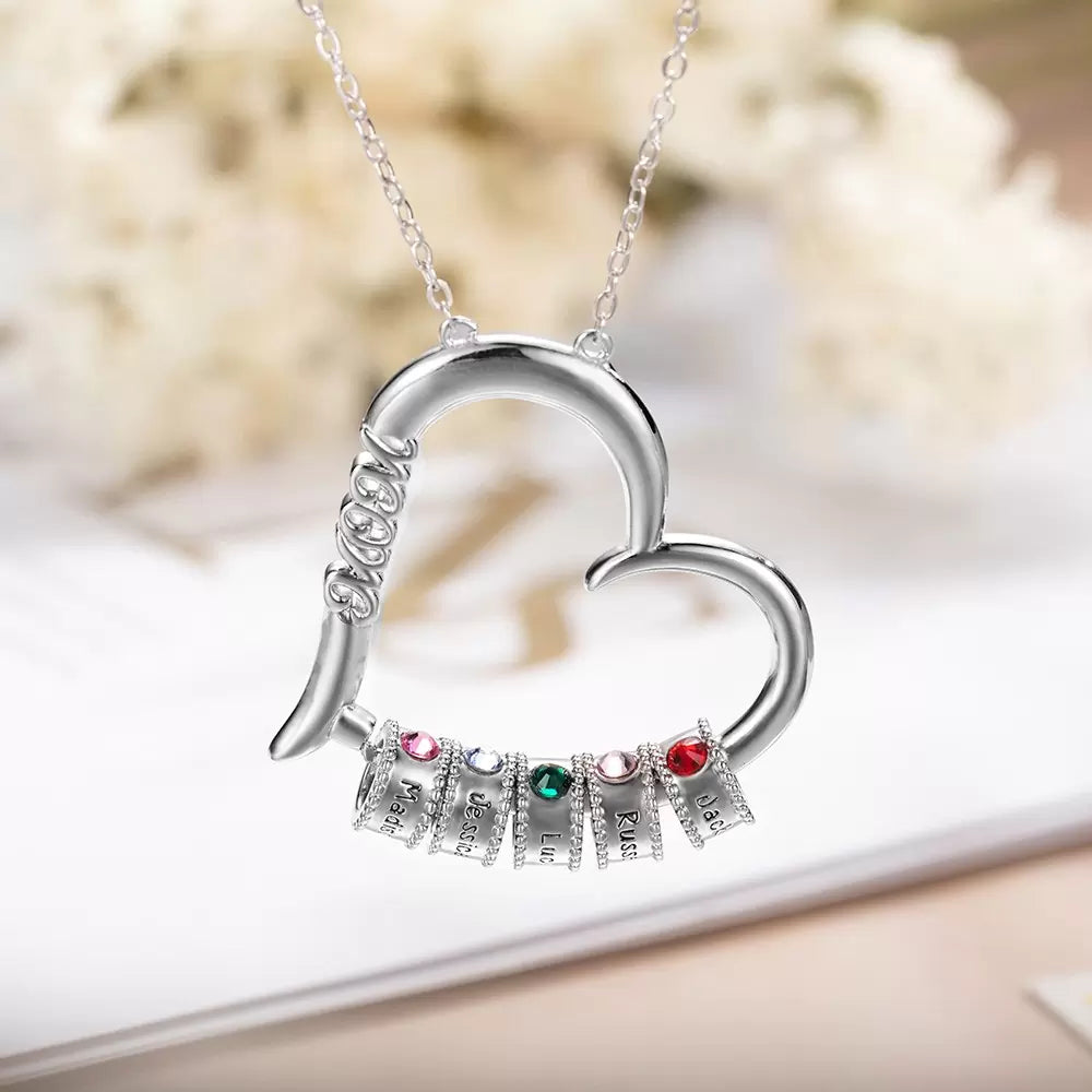 Personalized Birthstone Necklace with Heart Pendant & Name Charms for Mom - Glamour