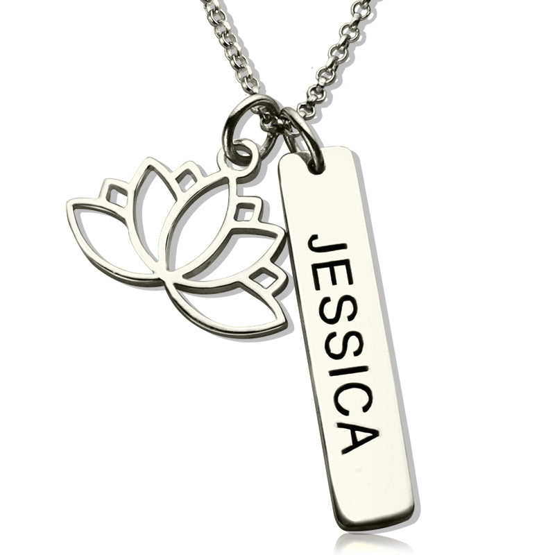 Yoga Necklace with Lotus Flower & Engraved Name Bar - Glamour