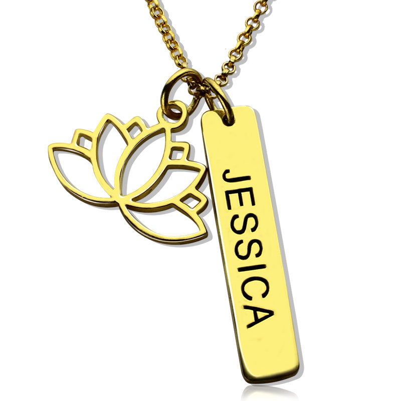 Yoga Necklace with Lotus Flower & Engraved Name Bar - Glamour