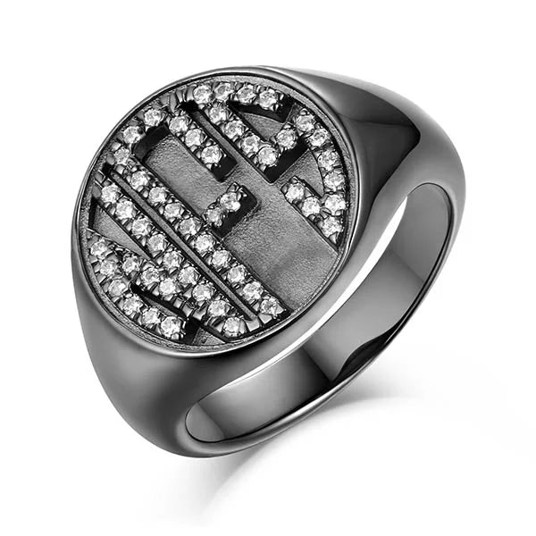 Personalized CZ Circle Monogram Ring Black plated - Glamour