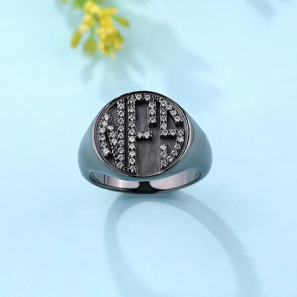 Personalized CZ Circle Monogram Ring Black plated - Glamour