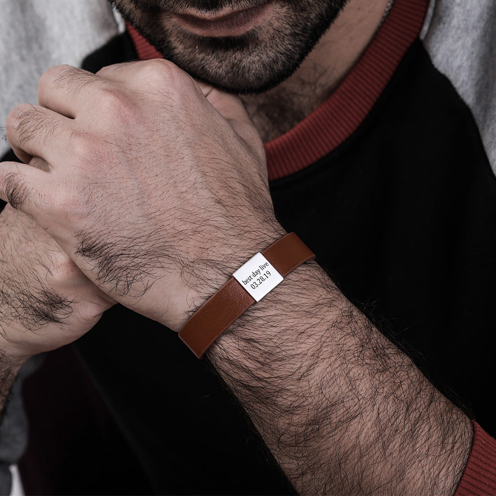 Personalized Engraved Leather Bracelet For Men - Glamour