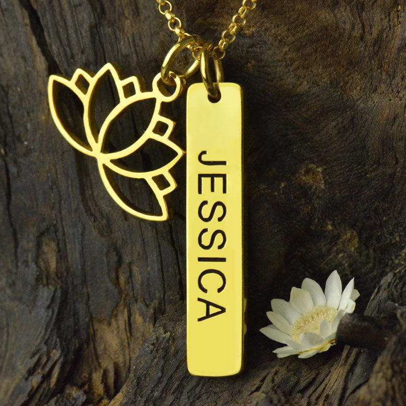 Yoga Necklace with Lotus Flower & Engraved Name Bar - Glamour
