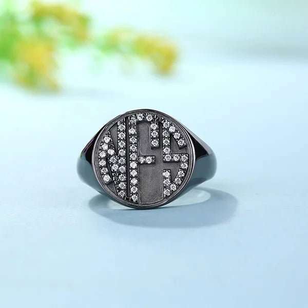 Personalized CZ Circle Monogram Ring Black plated - Glamour