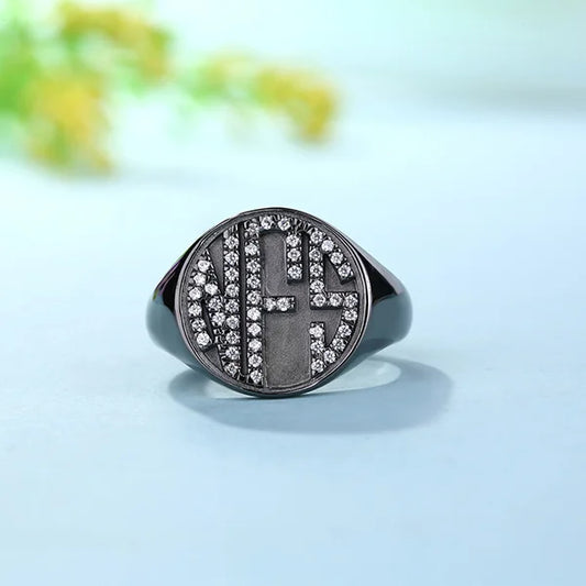 Personalized CZ Circle Monogram Ring Black plated - Glamour