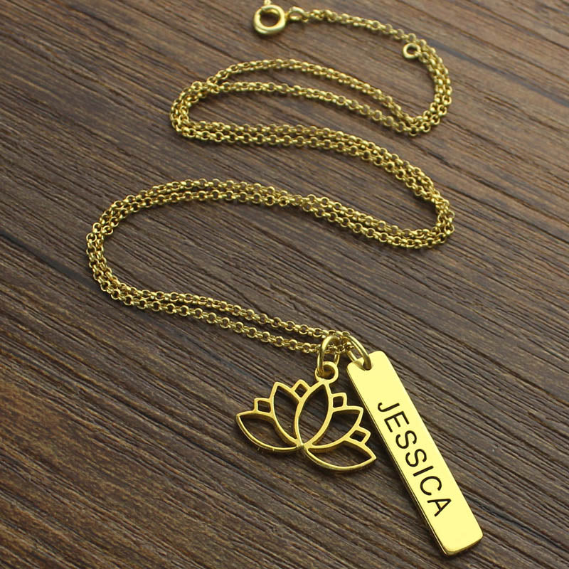 Yoga Necklace with Lotus Flower & Engraved Name Bar - Glamour