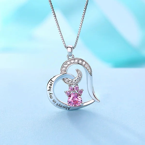 "Always in My Heart" Paw Print Birthstone Memorial Necklace - Glamour