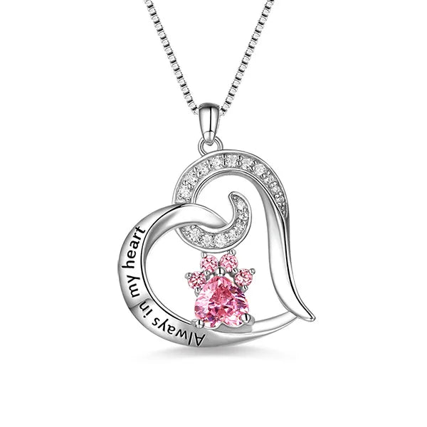 "Always in My Heart" Paw Print Birthstone Memorial Necklace - Glamour
