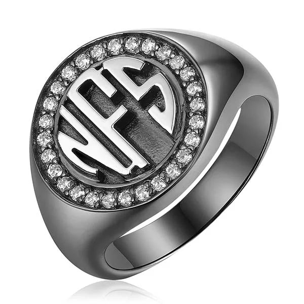 Personalized Circle Monogram CZ Ring Black plated - Glamour