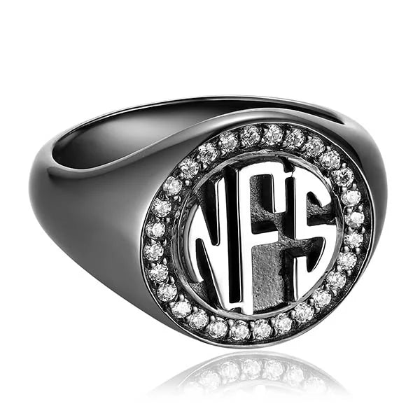 Personalized Circle Monogram CZ Ring Black plated - Glamour