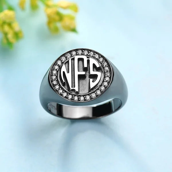 Personalized Circle Monogram CZ Ring Black plated - Glamour