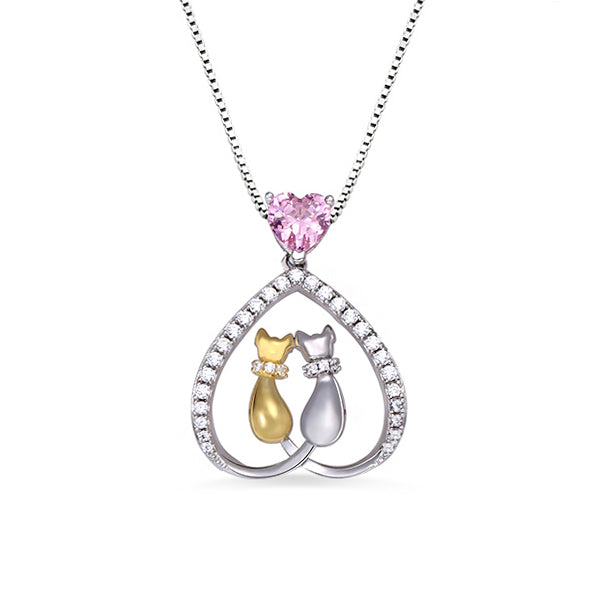 Custom Cute Cats Necklace With Heart Birthstone - Glamour