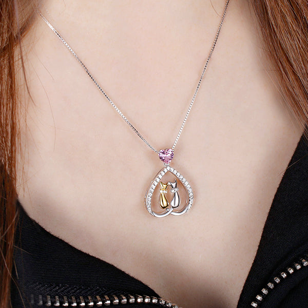Custom Cute Cats Necklace With Heart Birthstone - Glamour