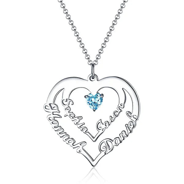 Personalized Heart Necklace with 4 Names with Main Birthstones - Glamour