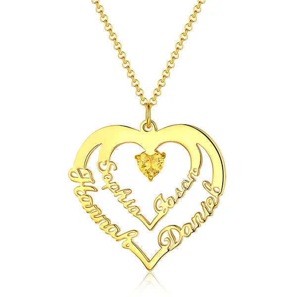 Personalized Heart Necklace with 4 Names with Main Birthstones - Glamour