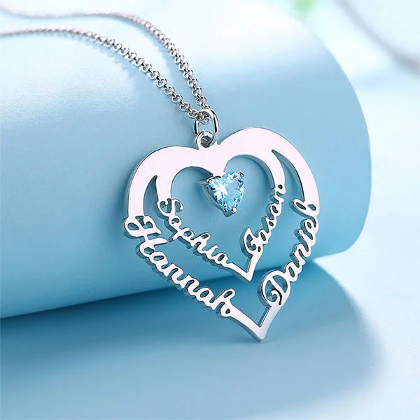 Personalized Heart Necklace with 4 Names with Main Birthstones - Glamour